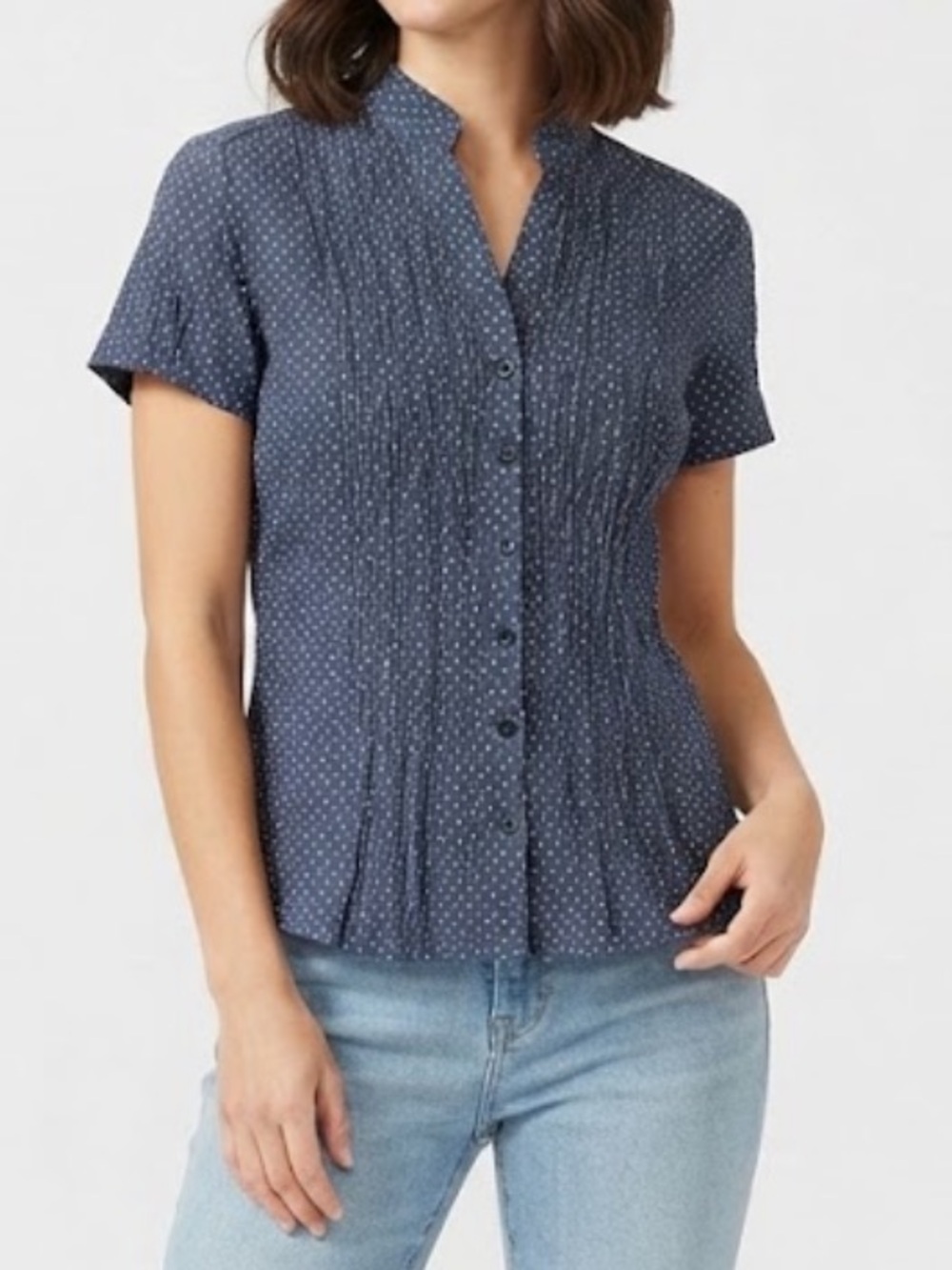 Autograph New York Women’s Navy Dot Short-Sleeve Button-Down Blouse Size XL